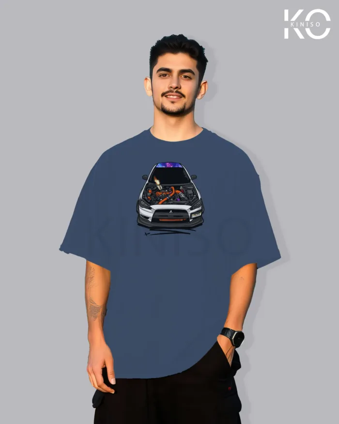 Image of Glaucous Blue color drop shoulder t-shirt with Racing Car Hood Open Print for men at reasonable price